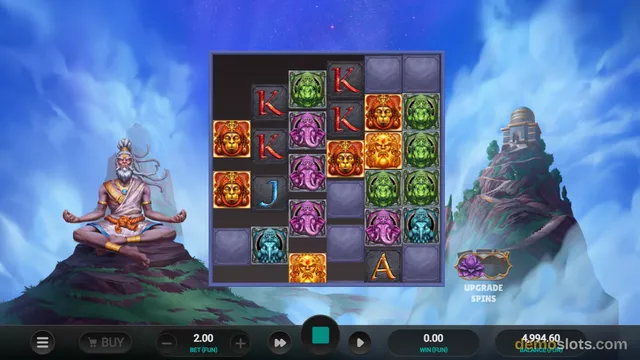 A slot game screen showing a 6x5 grid with Indian mythology-themed symbols against a blue sky background.