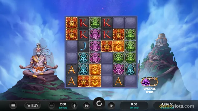 A fully rendered 6x6 grid slot game featuring Hindu deities, with a meditating guru on a rock to the left and a temple on a peak to the right against a blue sky.