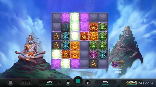 A 6x6 grid slot game featuring Hindu deity symbols and a meditating guru in a mystical sky background.
