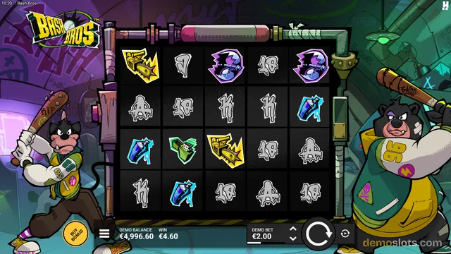 A fully rendered screenshot of the Bash Bros slot game showing a 5x4 grid of symbols with cartoon-style artwork and a bottom control bar.