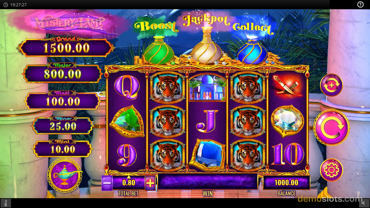 5-reel slot game with palace and treasure symbols, gold frame border, winning line display.