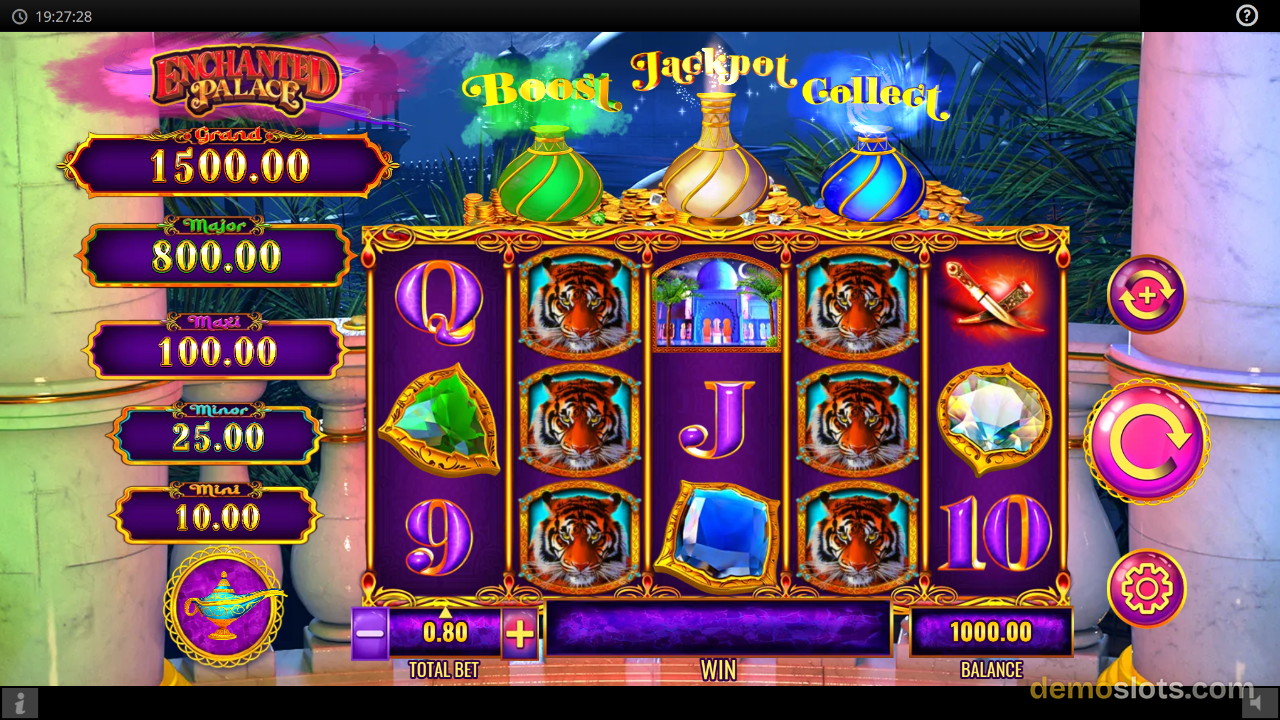 5-reel slot game with palace and treasure symbols, gold frame border, winning line display.