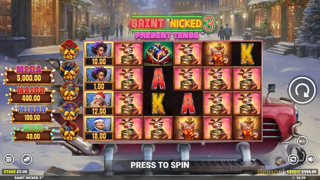A fully rendered screen of the slot game Saint Nicked 3 Present Tense showing a 6x4 grid of symbols over a snowy street background.
