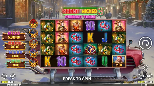 A screenshot of the slot game Saint Nicked 3: Present Tense showing a 6x4 grid of symbols including a reindeer, gift bottles, and a donut against a snowy village background.
