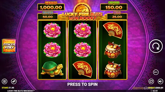 A slot game screen displays three vertical reels with Chinese-themed symbols including flowers, a turtle, a fan, and a drum, topped by a 'Lucky Fire Blitz Win Boost' banner and four jackpot amounts.