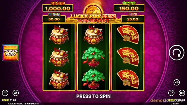 A slot game screen titled 'Lucky Fire Blitz Win Boost' shows a 3x3 grid of symbols including drums, coin trees, and fans, with a 'Press to Spin' prompt at the bottom.