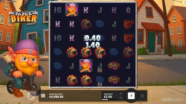 A 6x5 slot machine grid displaying cartoon pirate-themed symbols, with a win amount of 1.40 displayed in the center and a large pirate character illustration to the left.