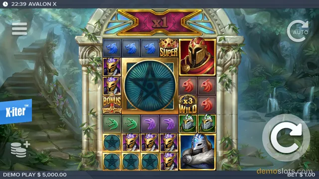 A 5-reel slot game titled AVALON X shows a settled grid of symbols including helmets, birds, and a large star emblem, with a multiplier display reading x1 at the top and a spin button on the right.