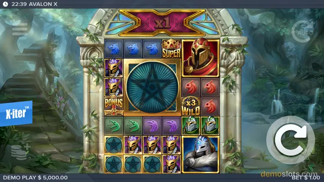 A 5x6 slot grid framed by a stone archway in a forest setting, with a large central bonus symbol and various medieval-themed icons.
