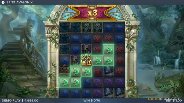 Avalon X slot game shows a 6x6 grid of symbols with a glowing multiplier indicator at the top, set against a background of ancient stone ruins and a mystical forest.
