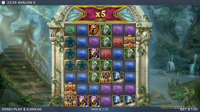 A 6x6 slot grid filled with fantasy symbols, with a multiplier banner showing x5 above the reels and a win of $1.75 shown below.