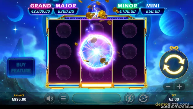A 3x3 slot game with a glowing orb in the center reel, surrounded by dark circular symbols, set against a blue cosmic backdrop with jackpot labels at the top.