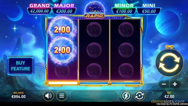 A 3x3 slot game grid with two glowing orb symbols showing 2.00 payouts on the left reel, and dark blank orb symbols on the other reels.
