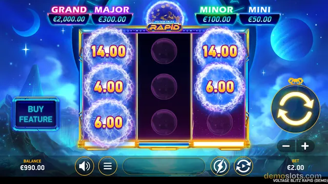 A 3x3 slot grid with glowing blue electric orbs on the outer columns showing cash values, and a dark empty middle column.