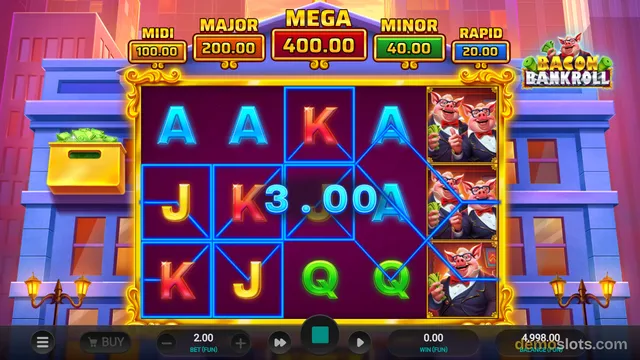 A 5x3 slot game grid with a win of 3.00 shown, featuring pig characters and card symbols set against a city backdrop.