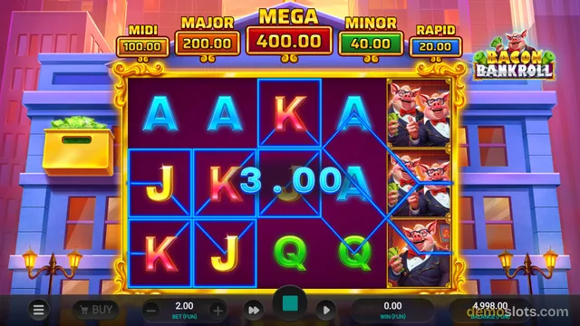 A slot game grid with a 3.00 win shown across the reels, featuring pig characters in suits and card letters.