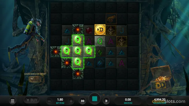 A dark, underwater-themed slot game grid is displayed with a cluster of green Q symbols highlighted in the center and a diver character on the left.