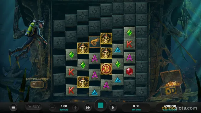 A dark, underwater-themed video slot game showing a grid of tiles with various symbols and a diver character on the left.