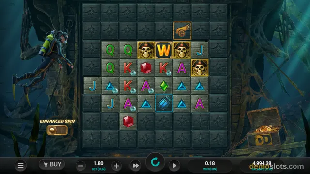A slot machine game screen showing a grid of revealed symbols including pirate skulls, letters, and gems, surrounded by a dark underwater theme with a diver on the left.