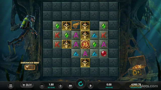 A dark, underwater-themed slot machine grid displaying a cluster of symbols including skulls, letters, and gems.