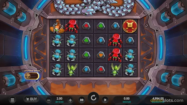 A screenshot of a sci-fi themed slot game showing a 6x4 grid of symbols including robots, drones, and playing card suits set within a metallic frame.