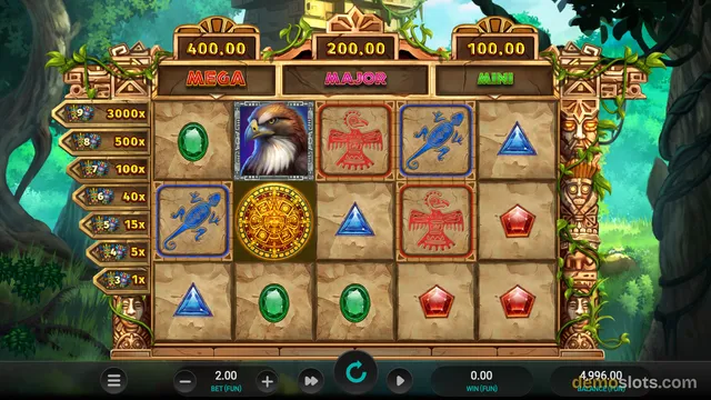 A brightly rendered Aztec-themed slot game shows a 5x4 grid of stone tiles with symbols like an eagle, a golden calendar, and various gems.