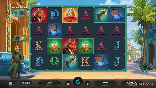 A 5x4 slot game grid shows symbols including a bull-headed character, a pineapple, a briefcase, and playing card letters, with a cartoon cat standing beside a blue car on the left.