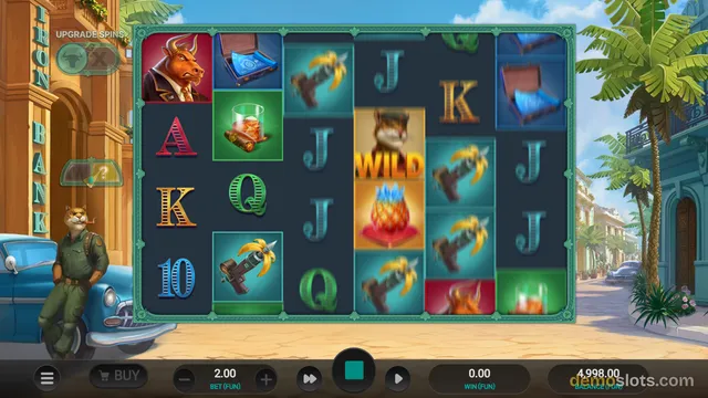 A slot game grid showing various symbols including a bull character, a wild, and playing card letters, with a cat character standing by a blue car on the left.