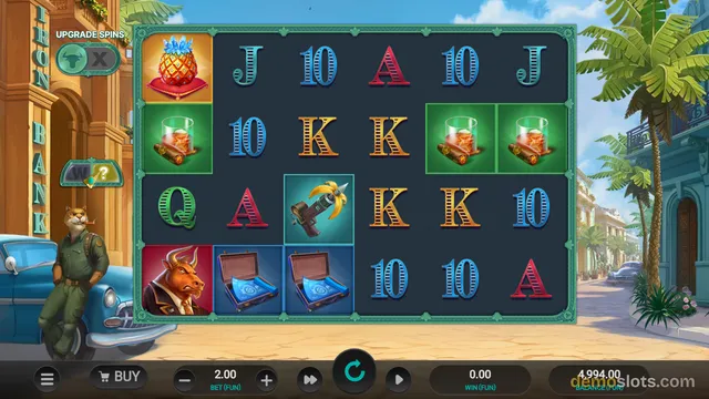 A 5x5 slot game grid with various symbols including a pineapple cocktail, a glass drink, a tool, a bull character, and playing card letters, set against a sunny street scene with a cat in a green uniform.