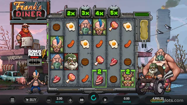 A pixel-art slot game titled Frank's Diner displays a 5x4 grid of food and character symbols against a ruined city background.