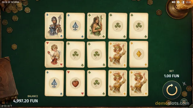 A 5x3 grid of playing-card style symbols on a dark green felt background, with game title 'DECK OF SCURRA' and balance and bet values displayed.