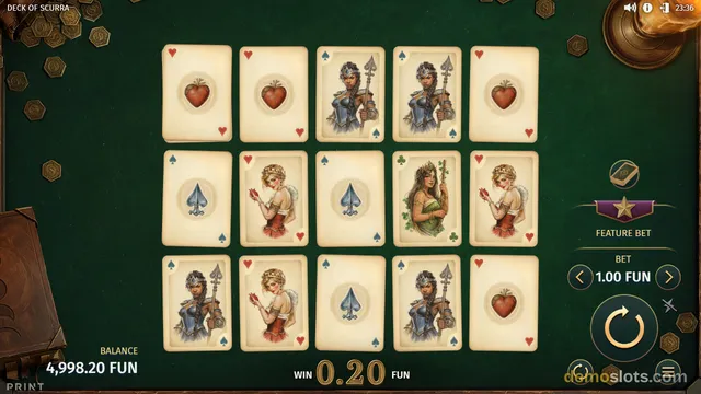 A 5x3 grid of playing card symbols is fully rendered on a dark green table, with a win of 0.20 FUN shown below the grid.