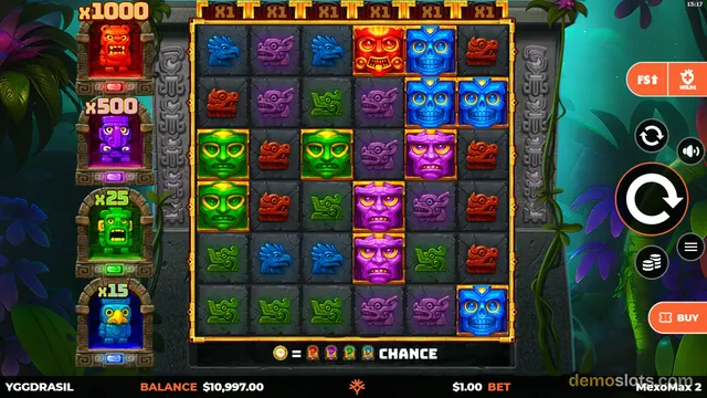 Slot game grid showing various mask symbols with bonus feature icons displayed at bottom.