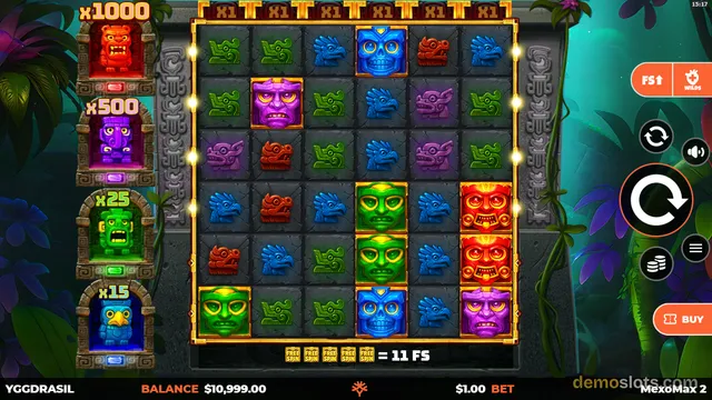 Mayan temple-themed slot with 6x5 grid showing colorful mask symbols and multiplier displays on left.