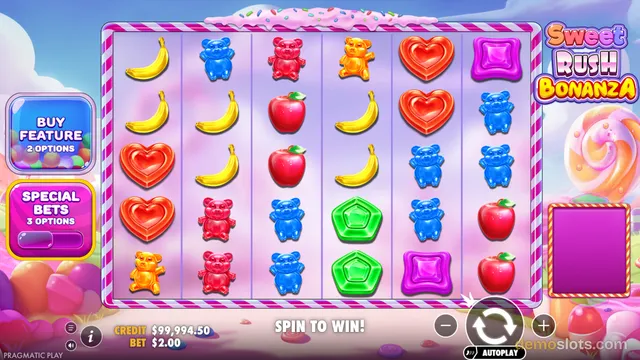 A screenshot of the Sweet Rush Bonanza slot game showing a 6-column by 5-row grid of candy-themed symbols against a pastel background.