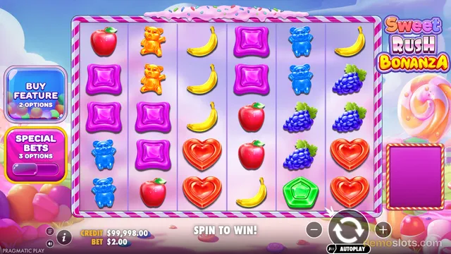 A fully rendered 6x5 slot grid from Sweet Rush Bonanza displays assorted candy symbols against a pastel background, with a prominent 'Buy Feature' button on the left and a 'Special Bets' toggle below it.