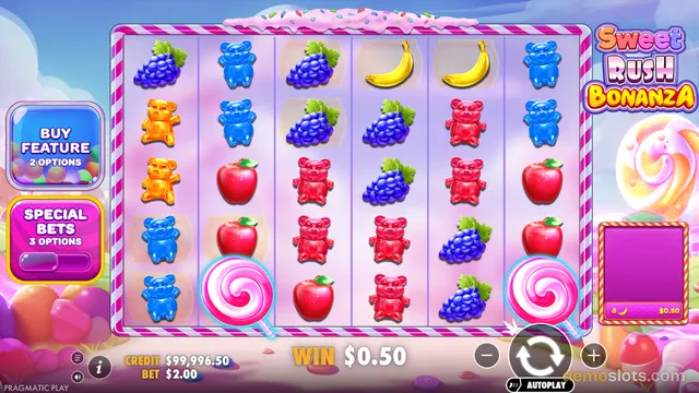 A fully rendered screenshot of the Sweet Rush Bonanza slot game showing a 6-column by 5-row grid of candy-themed symbols with a $0.50 win displayed at the bottom.