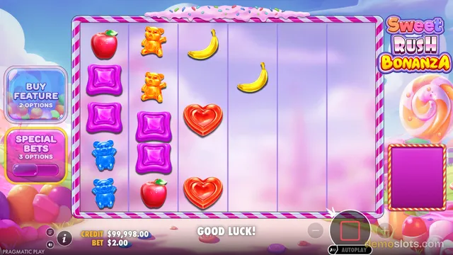 A screenshot of the Sweet Rush Bonanza slot game showing a 6-reel grid with a candy and fruit theme, where the reels are partially populated and the message 'GOOD LUCK!' is displayed at the bottom.