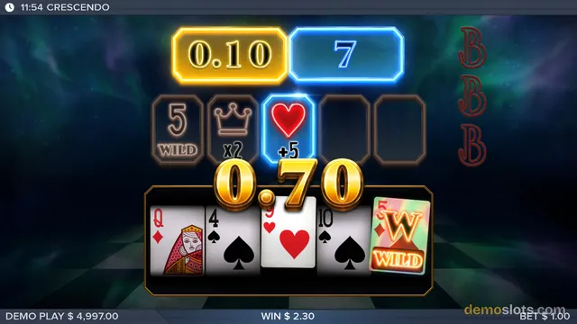 A slot game win screen showing a 0.70 payout with playing card symbols on the reels.