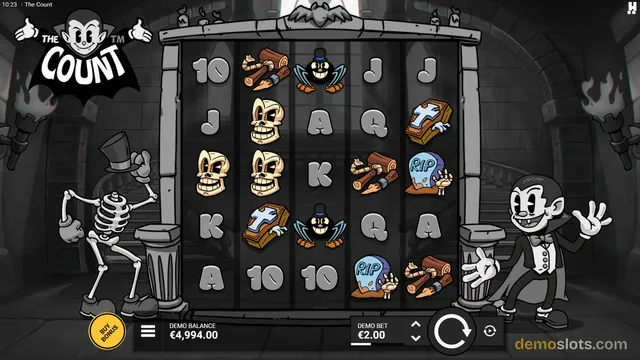 A 5x4 grid slot machine with a dark, cartoonish graveyard theme, featuring a skeleton and a vampire character on either side of the reels.