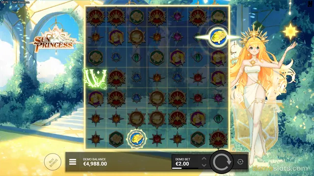 A brightly rendered slot game interface titled Sun Princess displays a 6x6 grid of symbols with an anime-style princess character standing to the right of the grid.