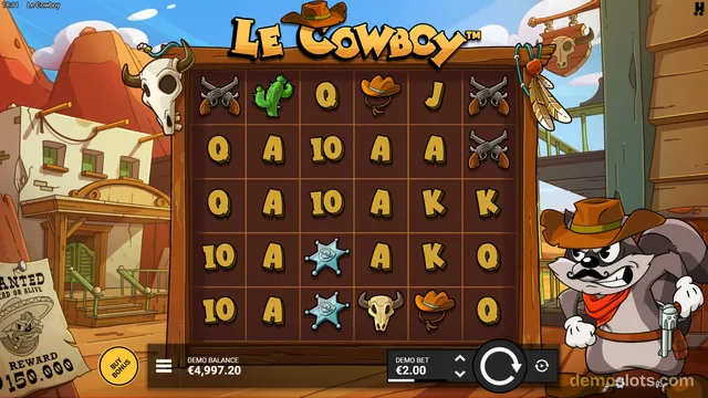 A screenshot of the Le Cowboy slot game displaying a 5x5 grid of symbols in a cartoon western style with a cow character on the right.
