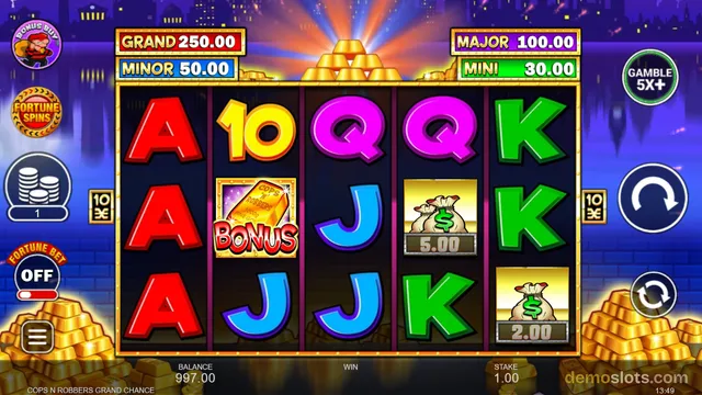 A 5x3 slot game grid showing a mix of card symbols, a bonus icon, and money bags.