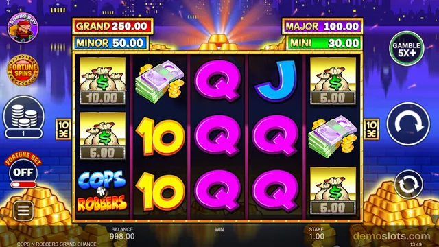A 5-reel, 3-row slot game grid showing symbols including money bags, stacks of cash, and letters.
