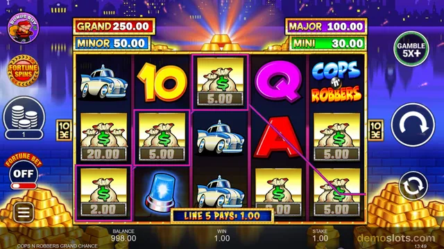 A 5x3 slot game grid with a police and robbers theme, showing cars, money bags, and letters, with a winning payline highlighted.