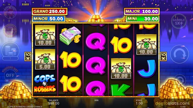 A 5x3 slot game grid showing symbols including money bags with cash values, stacks of cash, and playing card letters.