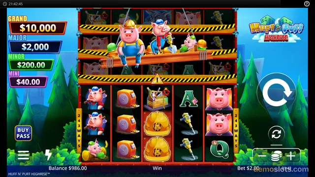 A fully rendered 5x3 video slot grid showing construction-themed pig characters and tools against a forest background.