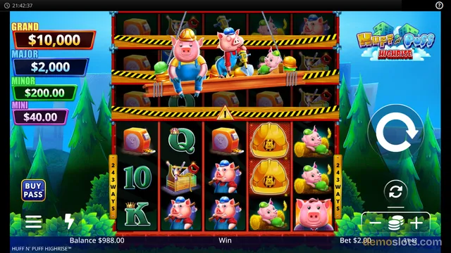A screenshot of the HUFF N' PUFF HIGHRISE slot game showing a 5x3 grid with pig construction worker symbols and a construction site background.