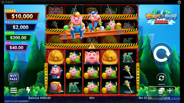 A screenshot of the slot game 'Huff N' Puff Highrise' showing a 5-reel, 3-row grid with construction-themed pig symbols and a large animated scene of pigs on scaffolding above the reels.