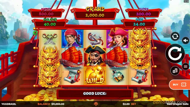 A brightly rendered 5-reel slot game set on a ship deck with a message reading 'GOOD LUCK!' displayed below the reels.